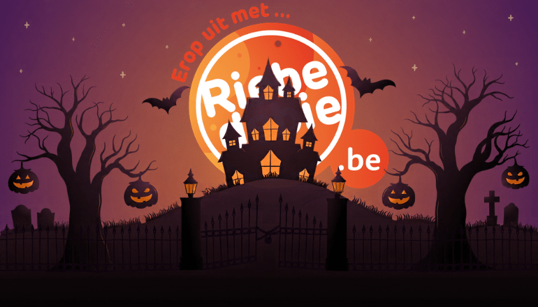 Logo Riebedebie als zon met duister kasteel voor en vleermuizen