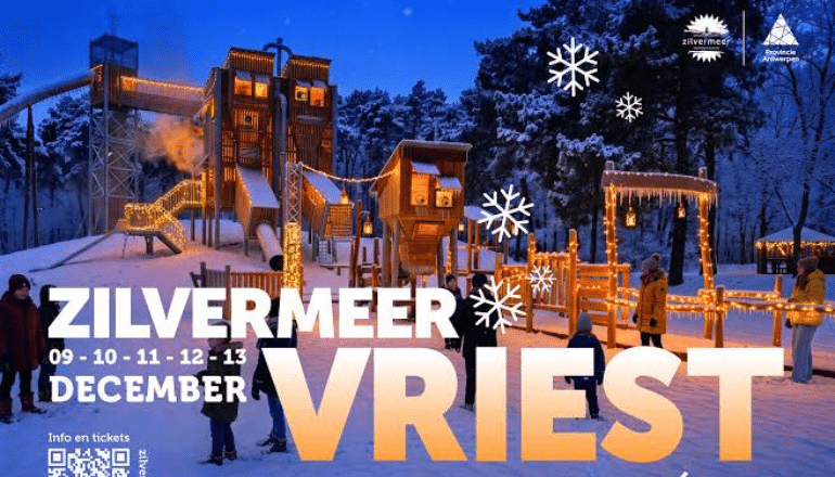 Speeltuin met sneeuw en tekst Zilvermeer Vriest campagnefoto
