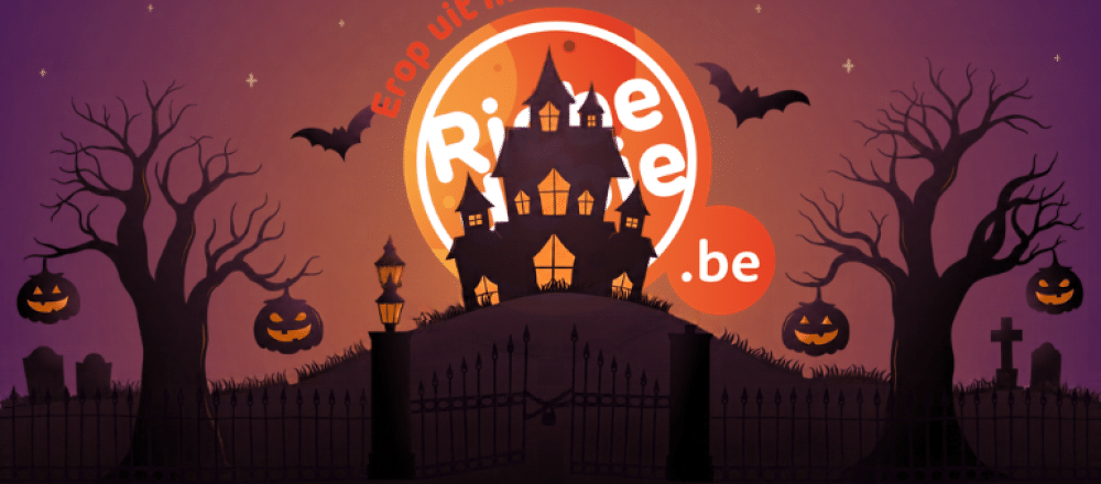 Logo Riebedebie als zon met duister kasteel voor en vleermuizen